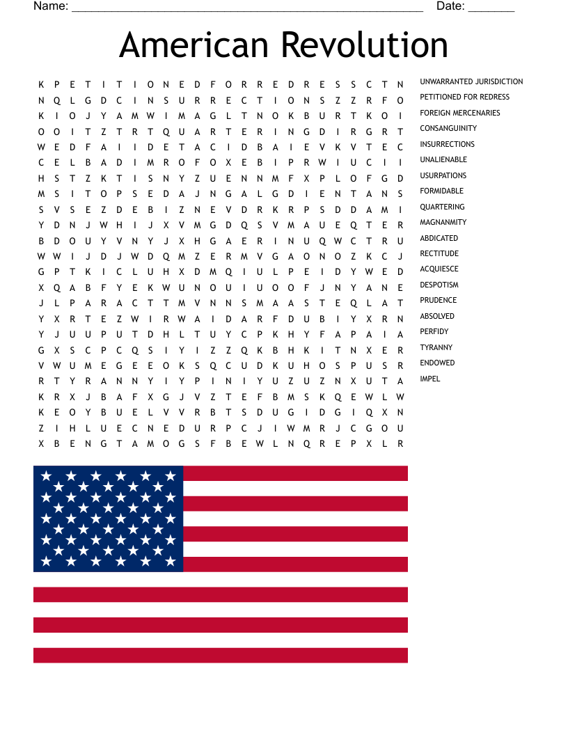 American Revolution Word Search WordMint