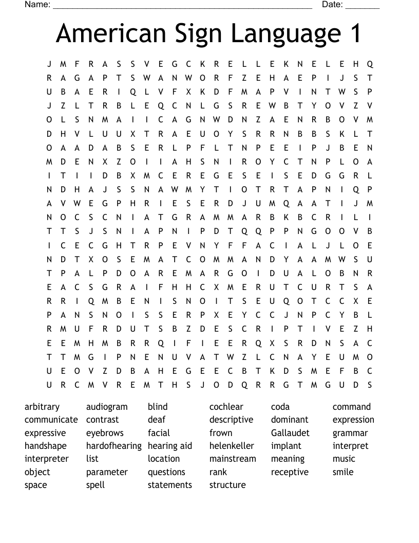 American Sign Language 1 Word Search WordMint