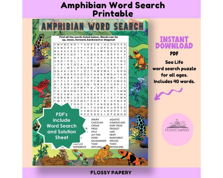Amphibian Word Search Printable PDF Large Word Search Puzzle Etsy