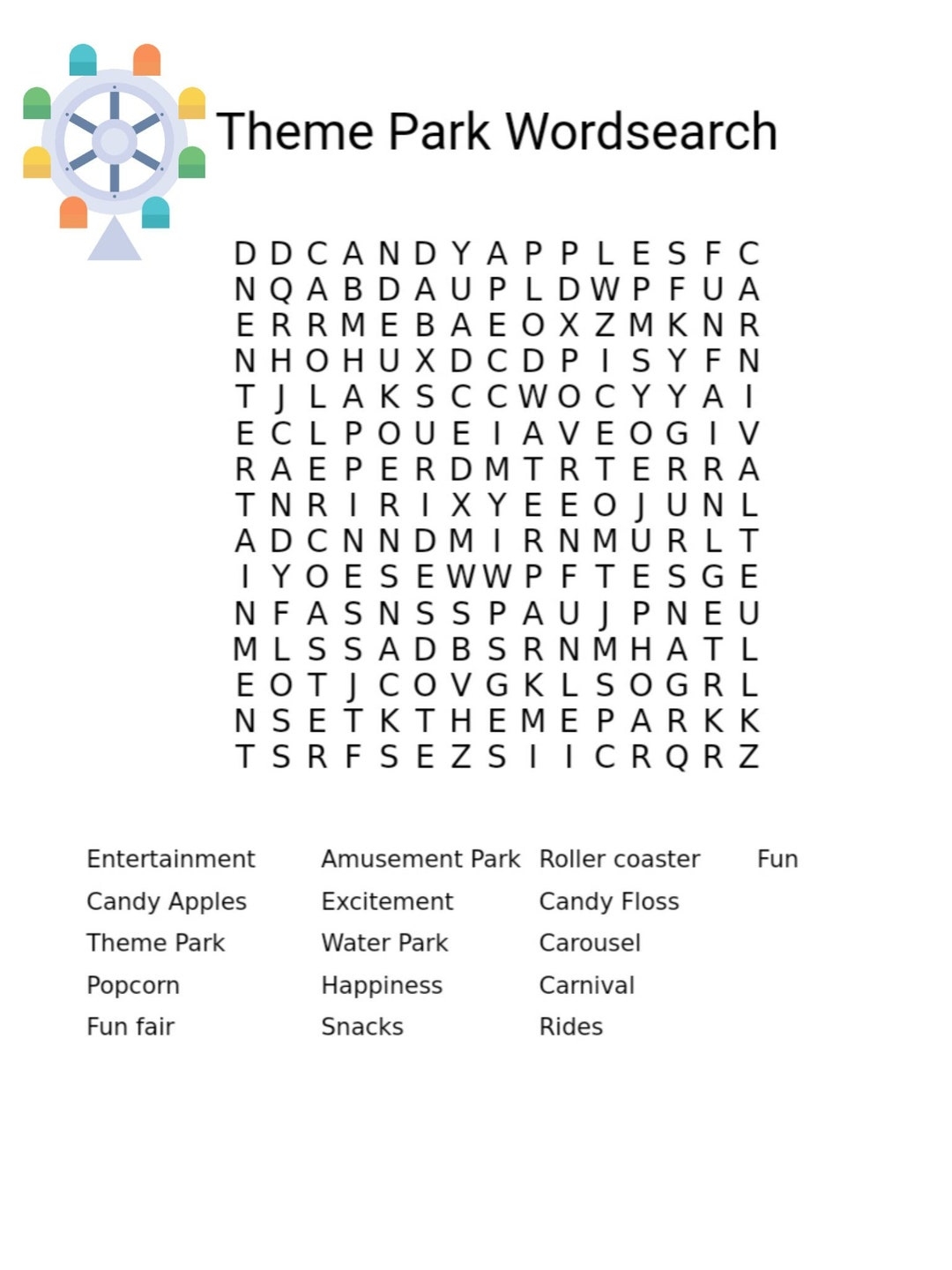Amusement Park Wordsearch Theme Park Zoo Activity Kids Home Schooling Learning Fun Game puzzle printable Digital Download Etsy