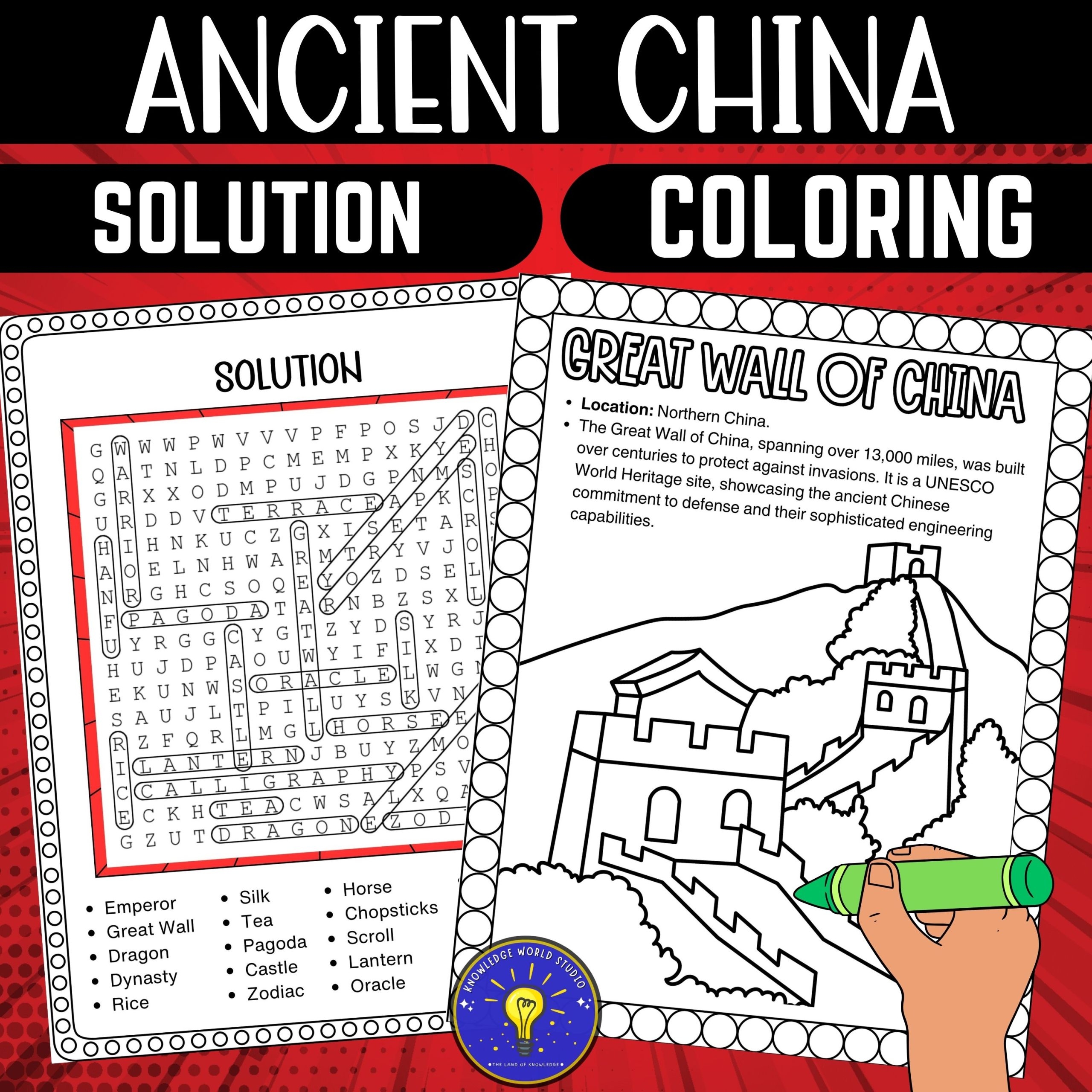 Ancient China Activities Word Search Great Wall Of China Coloring Page Made By Teachers