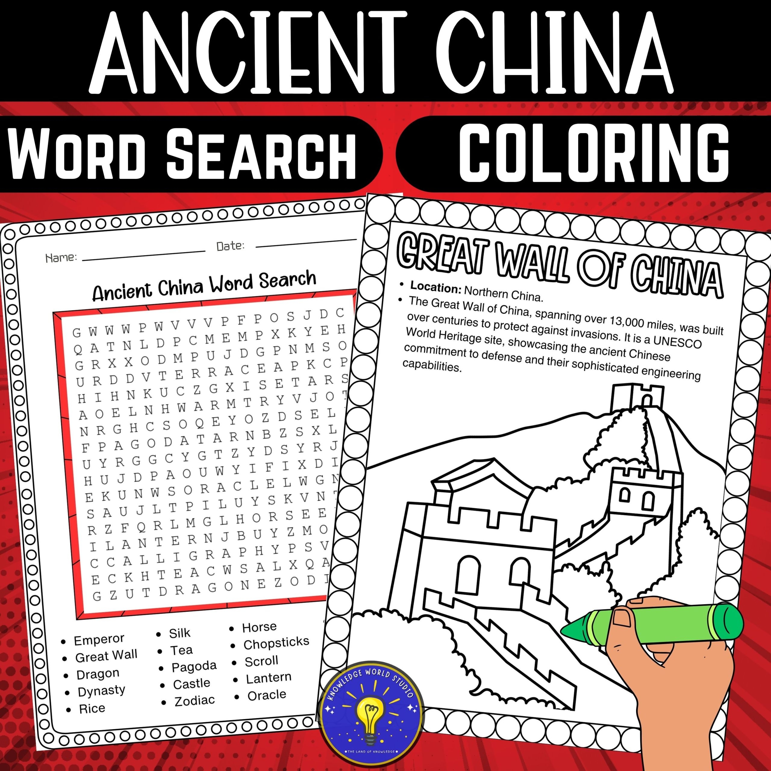 Ancient China Activities Word Search Great Wall Of China 