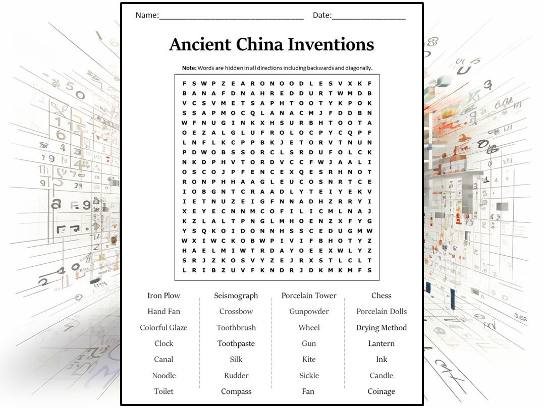 Ancient China Inventions Word Search Puzzle Worksheet Activity Ancient China Inventions Word Search Puzzle Worksheet Activity