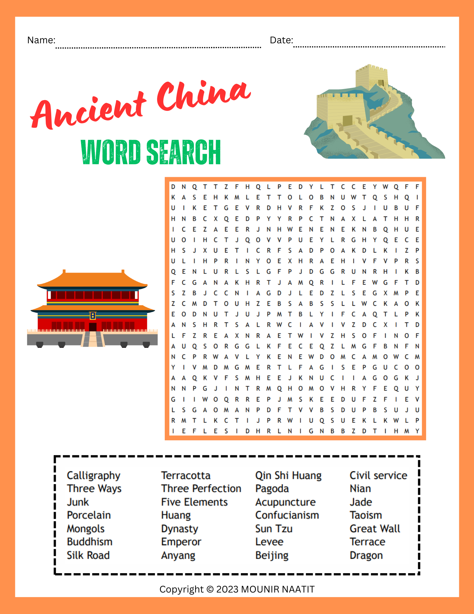 Ancient China Word Search Free Printable