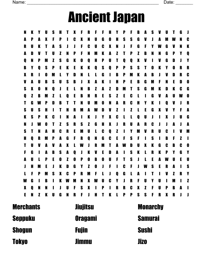 Japan Word Search Printable