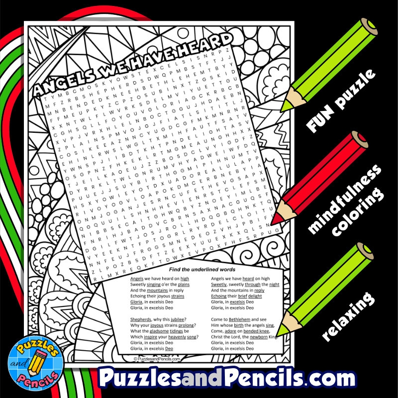 Angels We Have Heard On High Word Search Puzzle Activity Page With Coloring Christmas Carols Made By Teachers