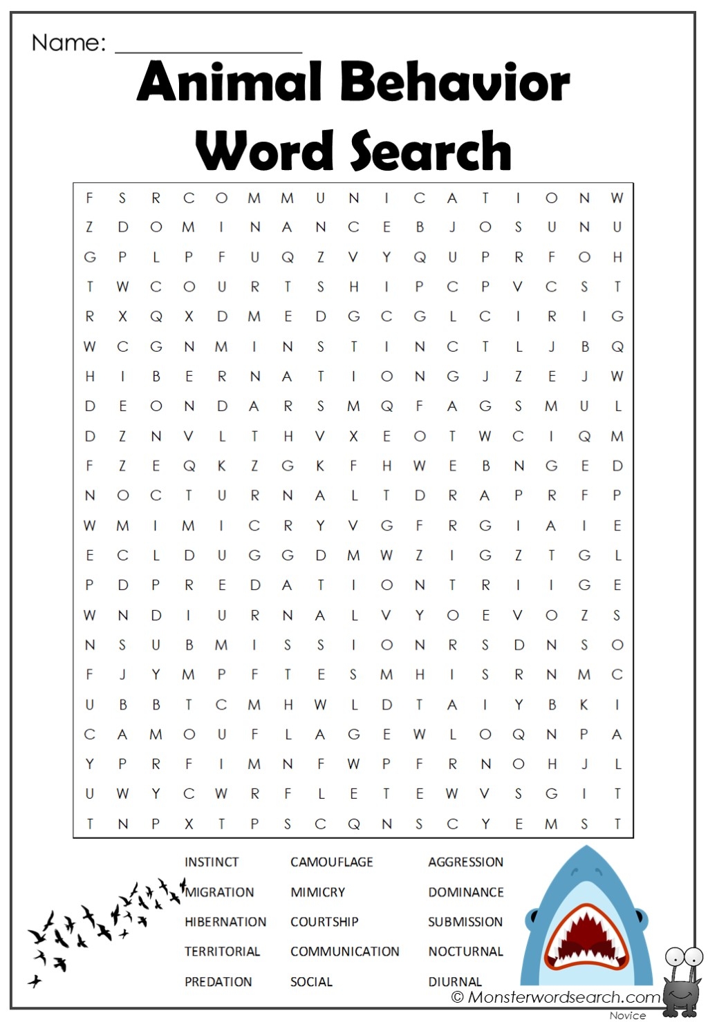 Animal Behavior Word Search Monster Word Search Animal Behavior Word Search Monster Word Search