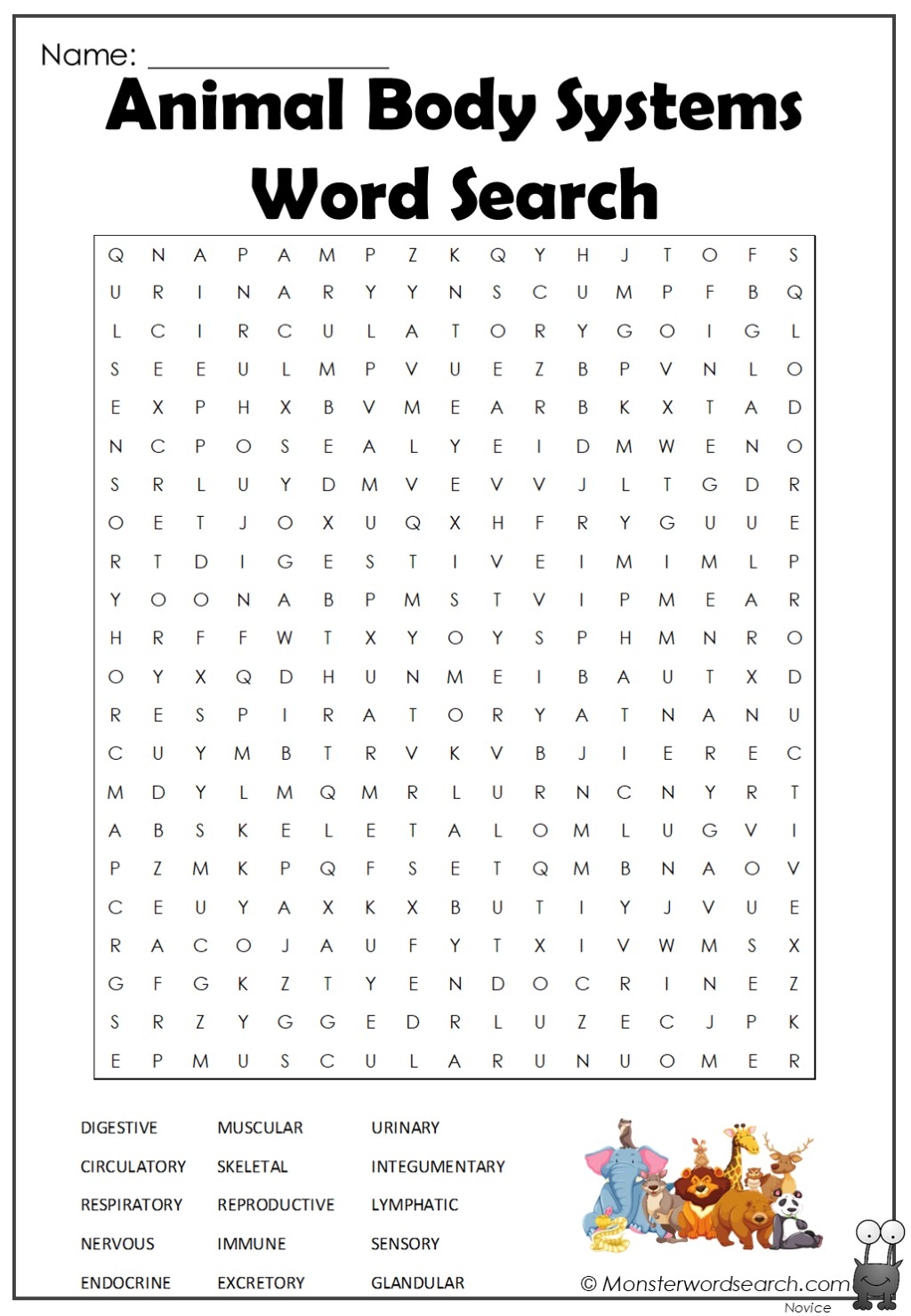 Animal Body Systems Word Search Monster Word Search
