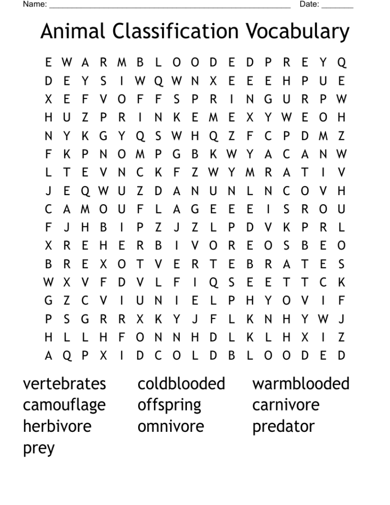 Animal Classification Vocabulary Word Search WordMint
