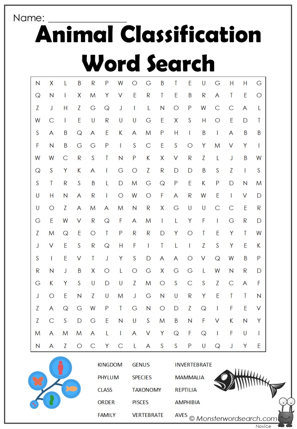 Animal Classification Word Search Monster Word Search