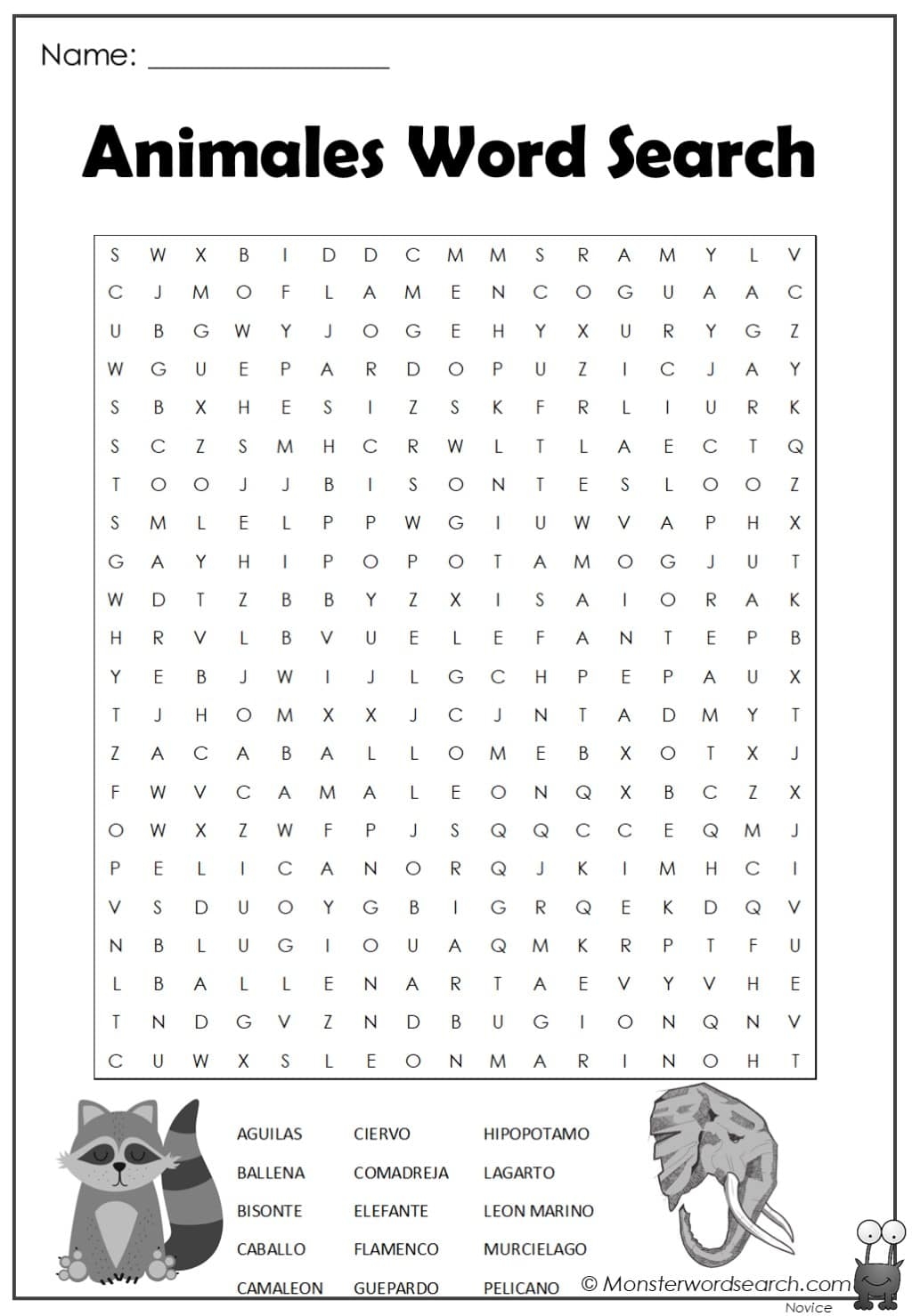 Animales Word Search Monster Word Search