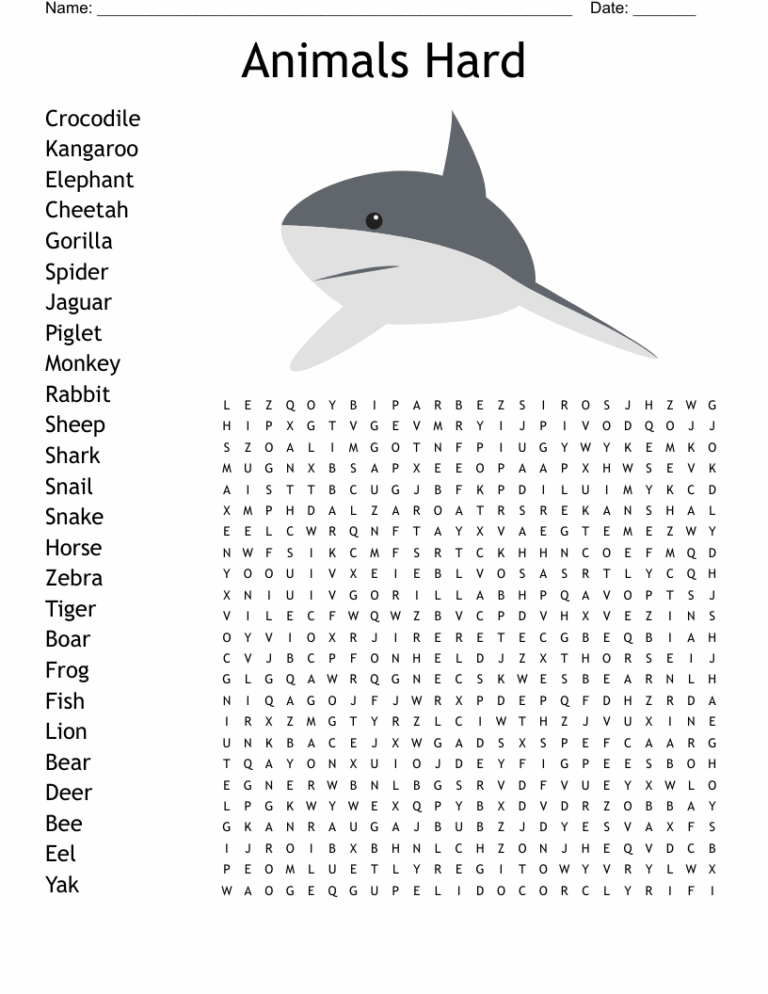 Animals Hard Word Search WordMint