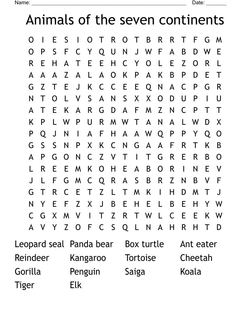 Animals Of The Seven Continents Word Search WordMint