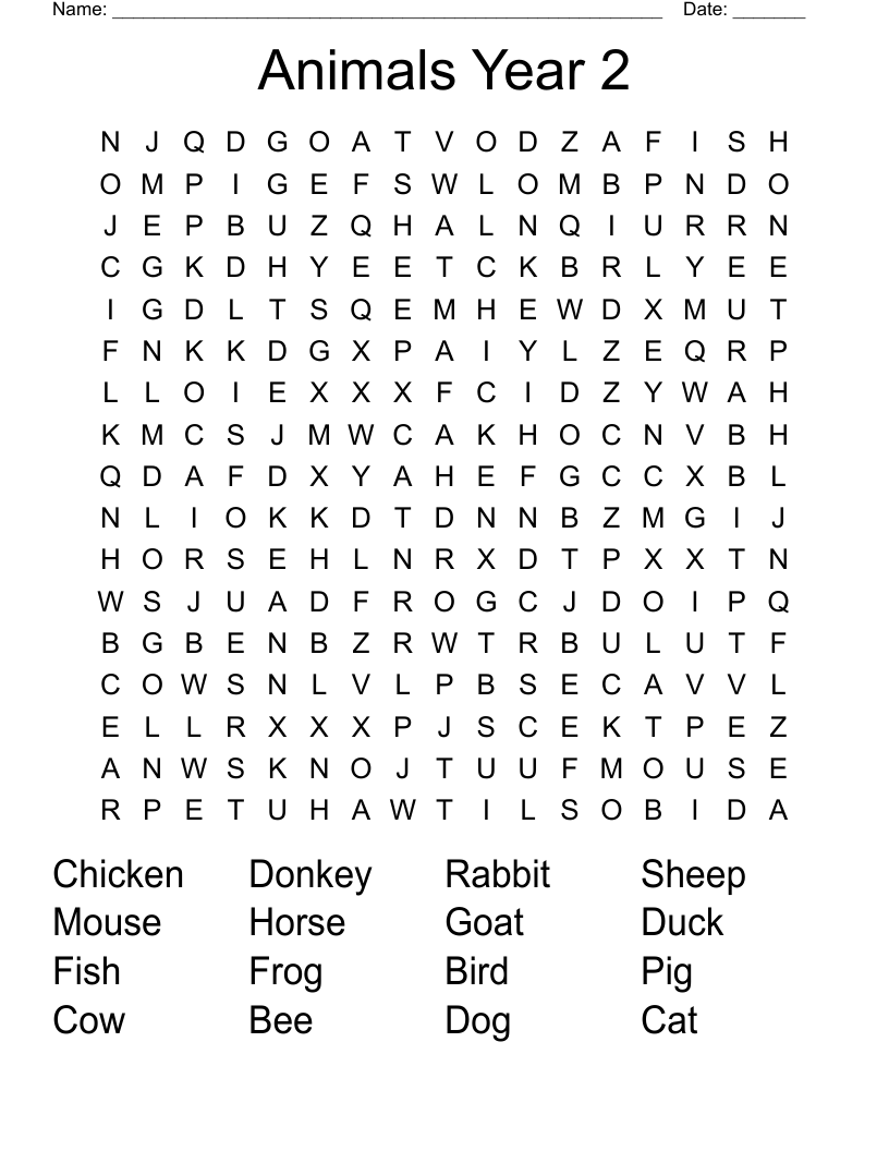Animals Year 2 Word Search WordMint