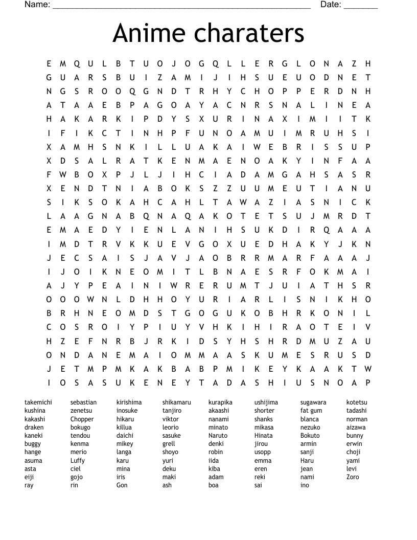 Anime Charaters Word Search WordMint