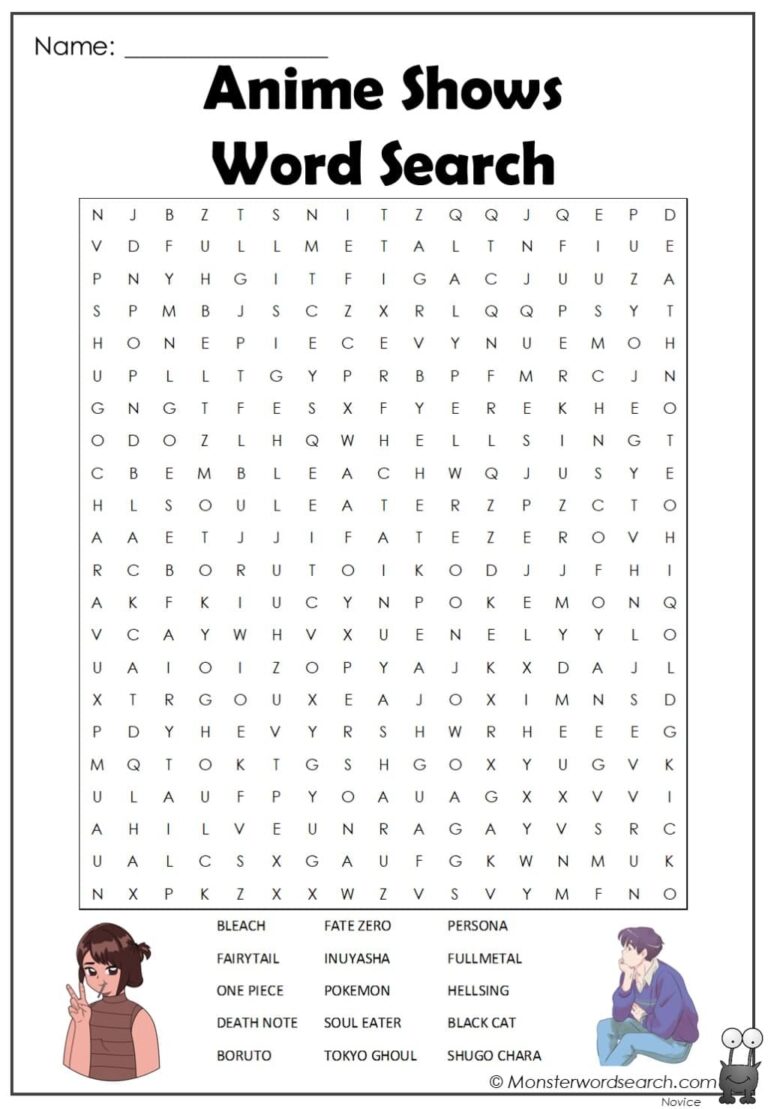 Anime Shows Word Search Monster Word Search