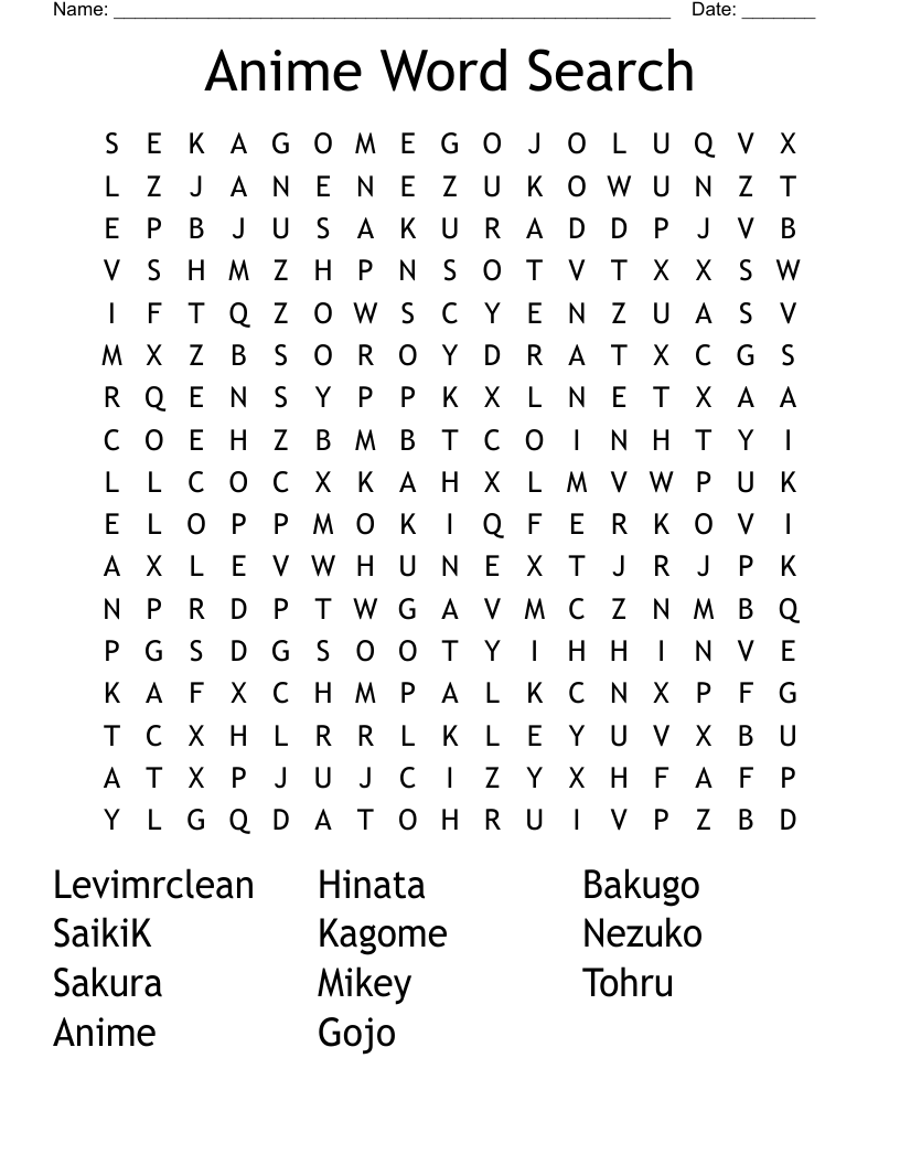 Anime Word Search WordMint