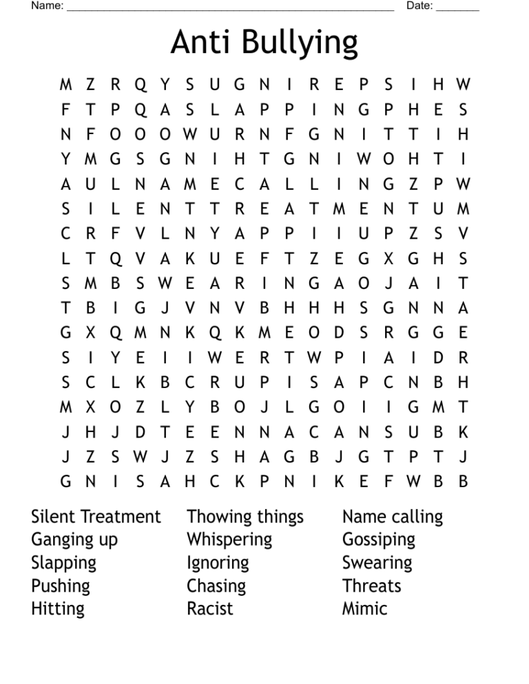 Anti Bullying Word Search WordMint