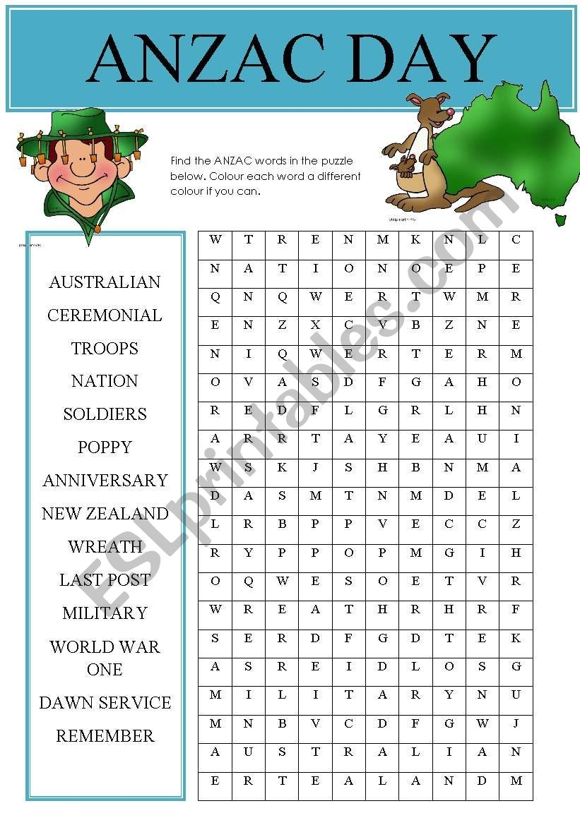 Anzac Word Search Printable