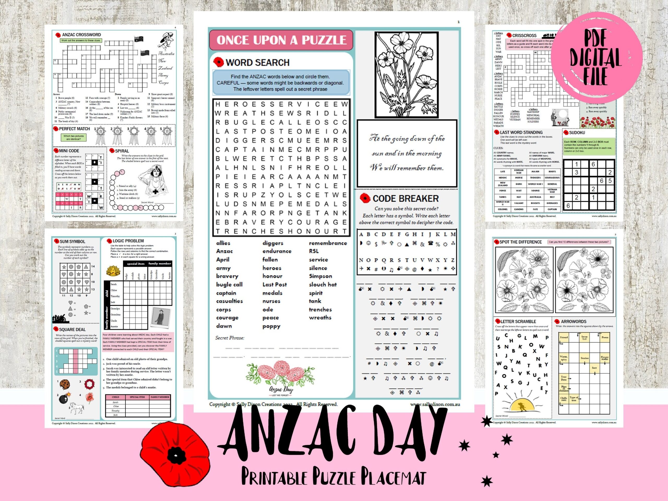 ANZAC DAY Puzzle Sheets Printable Activity Sheet PDF File Crossword Puzzles Digital Printable Australia New Zealand Etsy