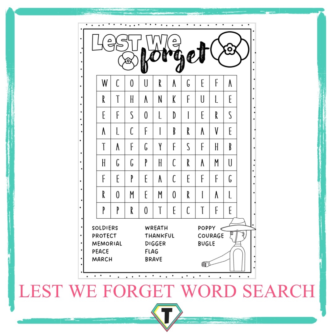 ANZAC Remembrance Day Word Search The Teacher Hero