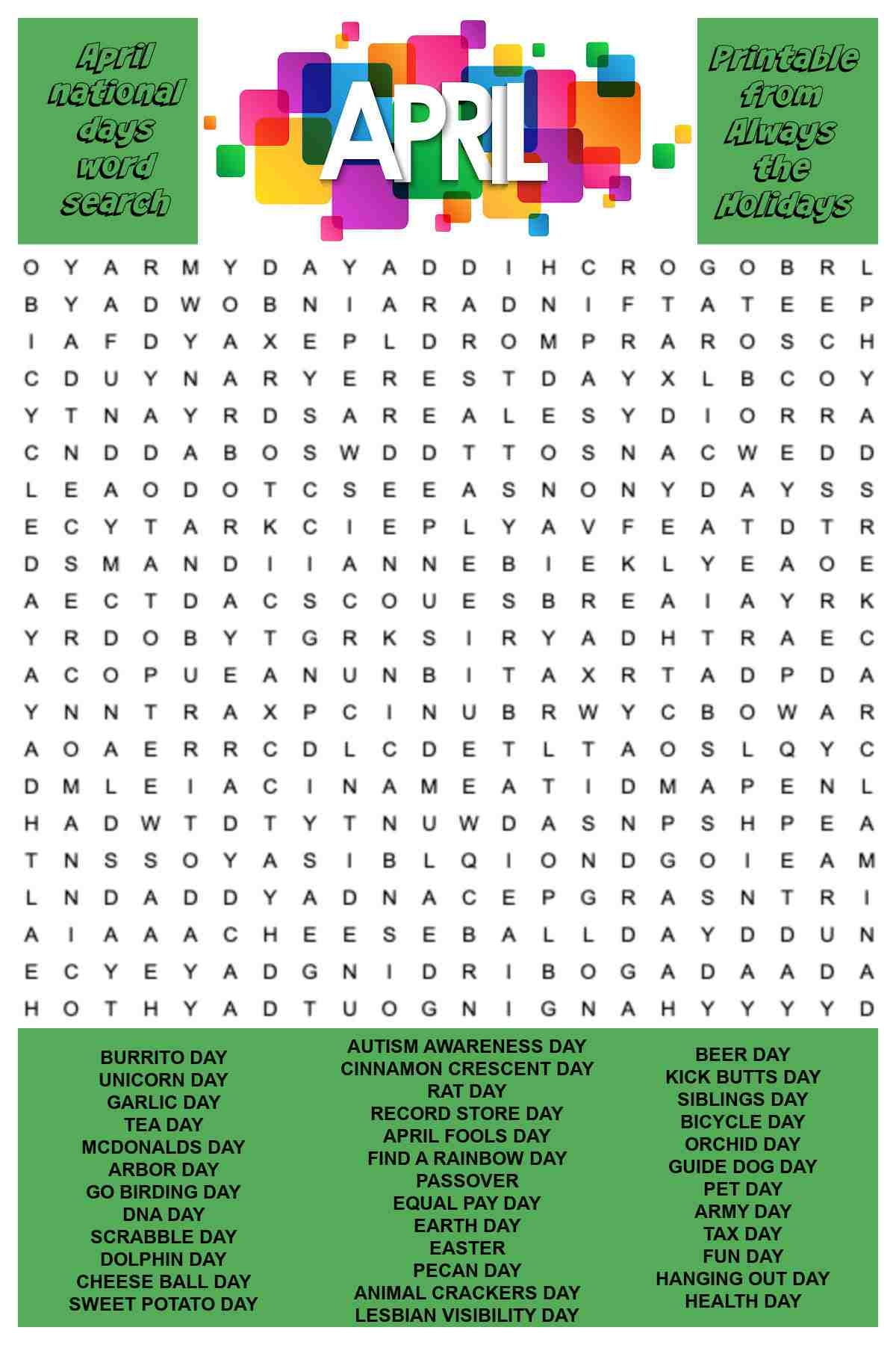 April Word Search Printable National Days Word Find Puzzle April Word Search Printable National Days Word Find Puzzle