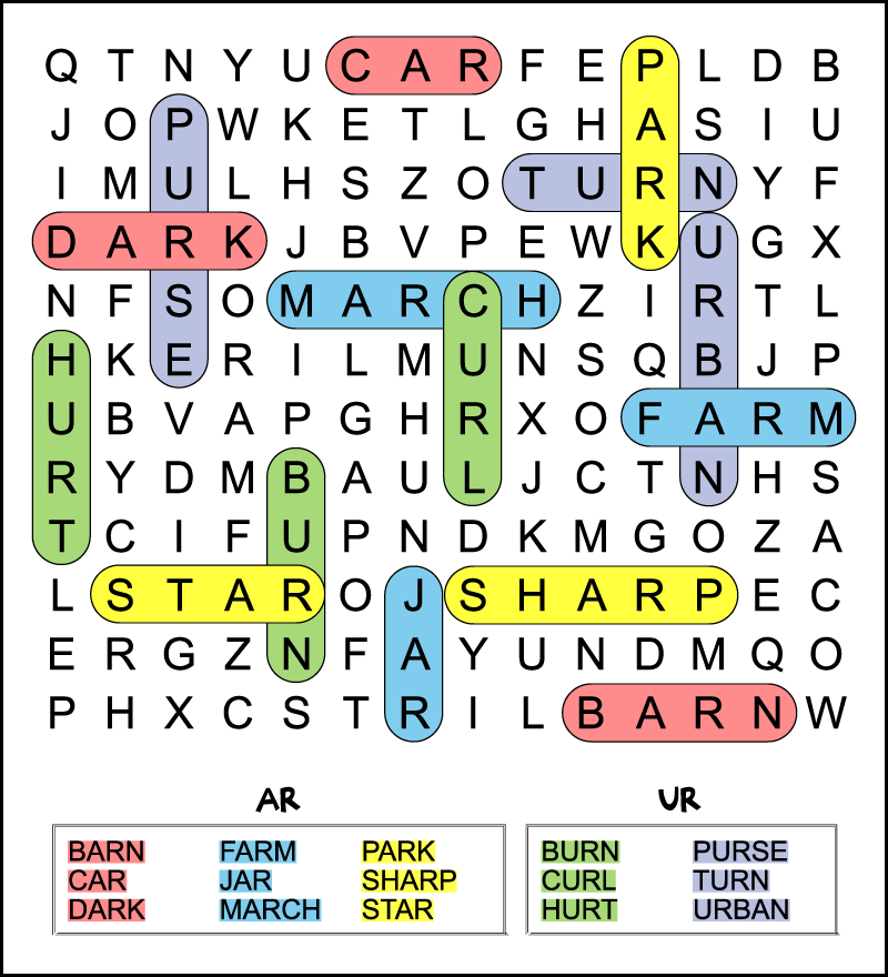 AR U0026 UR Bossy R Word Search For Kids Tree Valley Academy