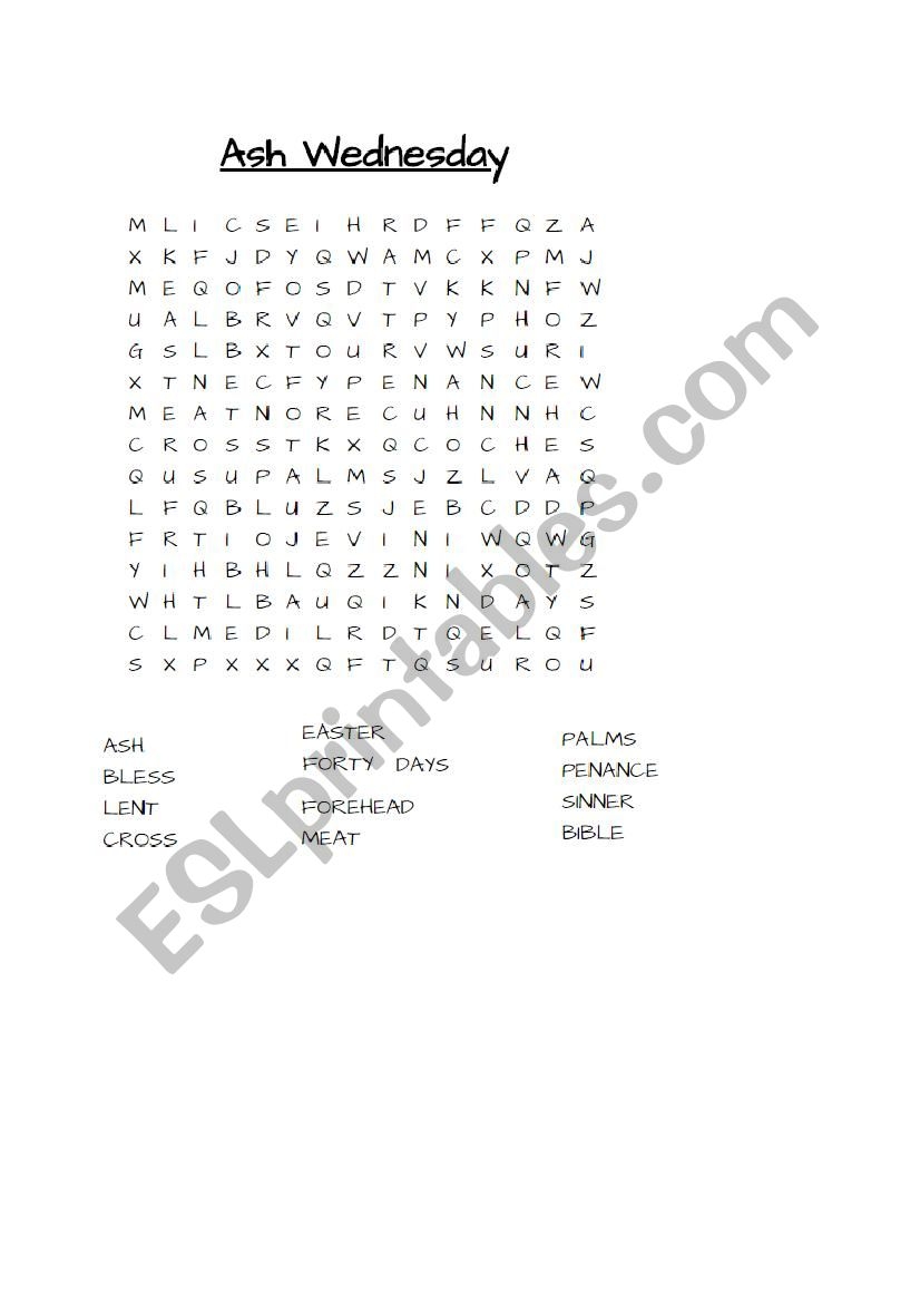 Free Printable Ash Wednesday Word Search Free Printable Ash Wednesday Word Search
