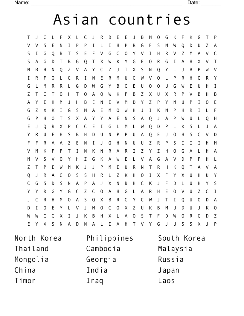 Asian Countries Word Search WordMint