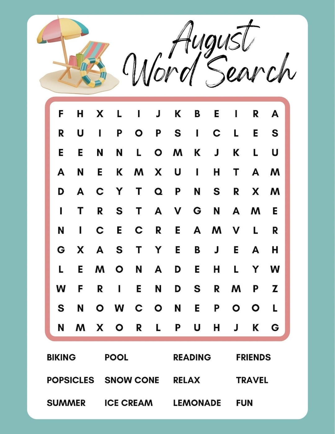 August Word Search Printable Instant Download PDF Etsy