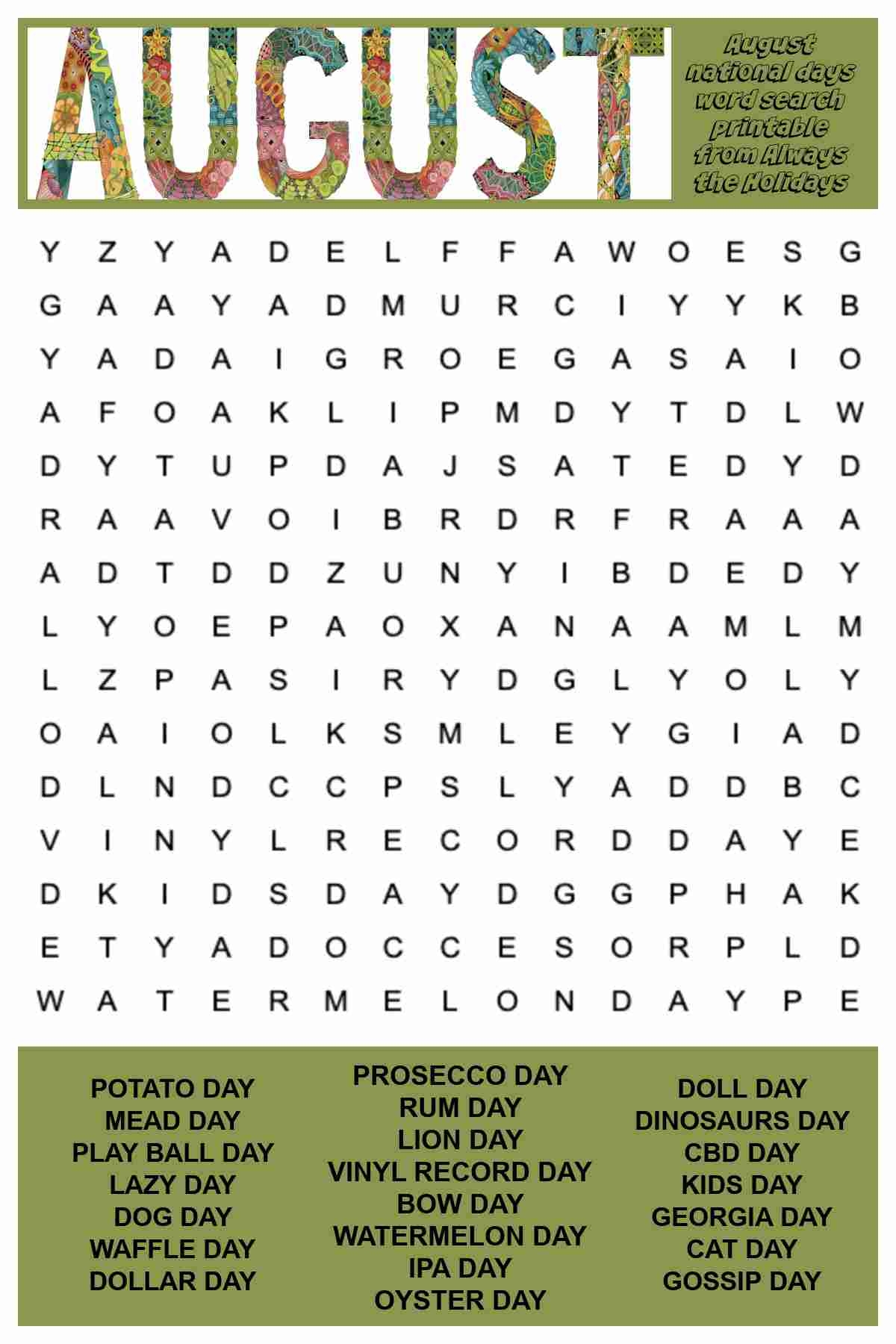 August Word Search Printable National Days Word Find Puzzle