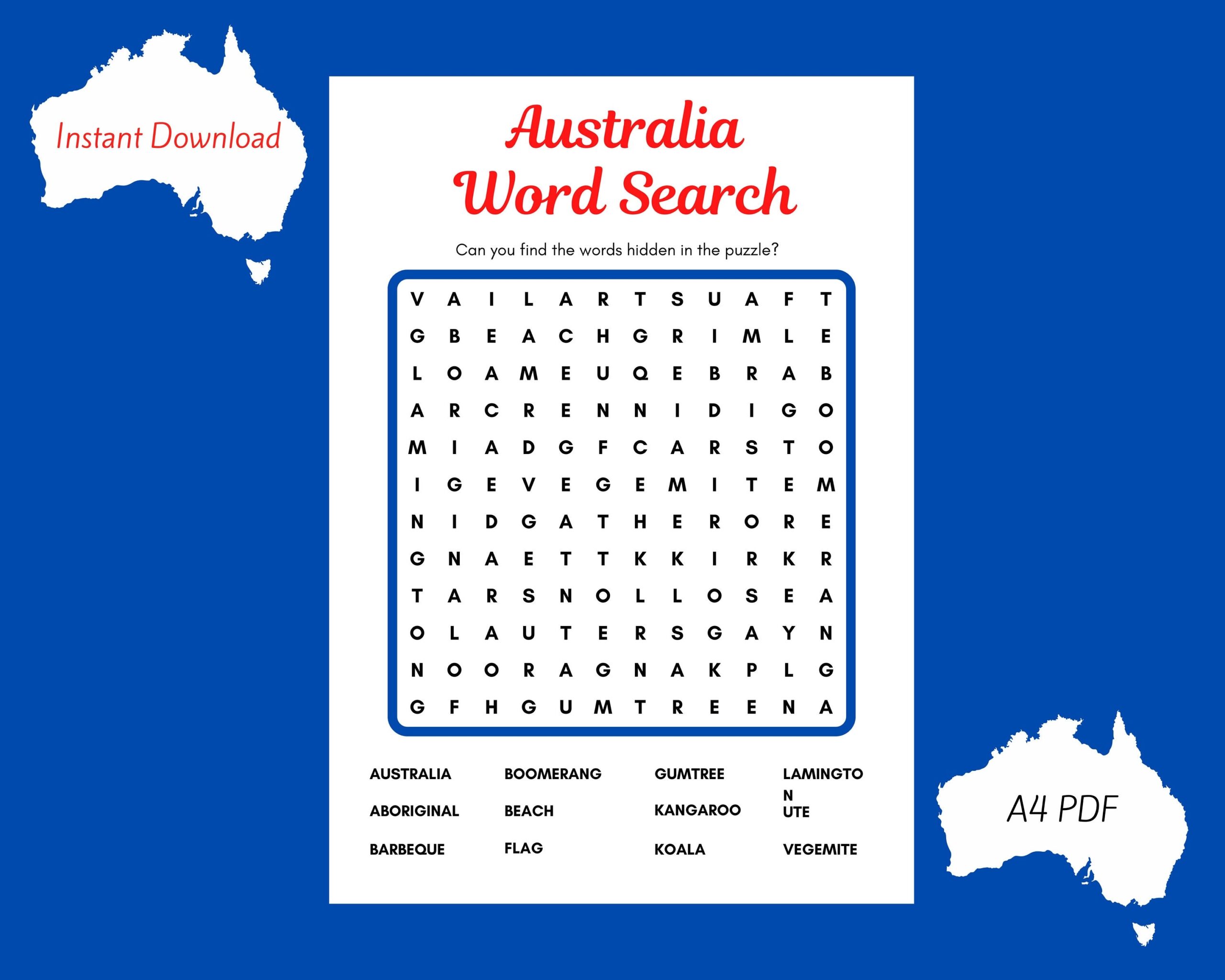 Australia Word Search Australia Day Activity Etsy