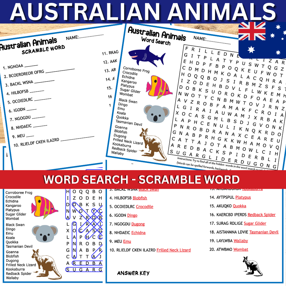 Australian Animals Word Search And Scramble Word