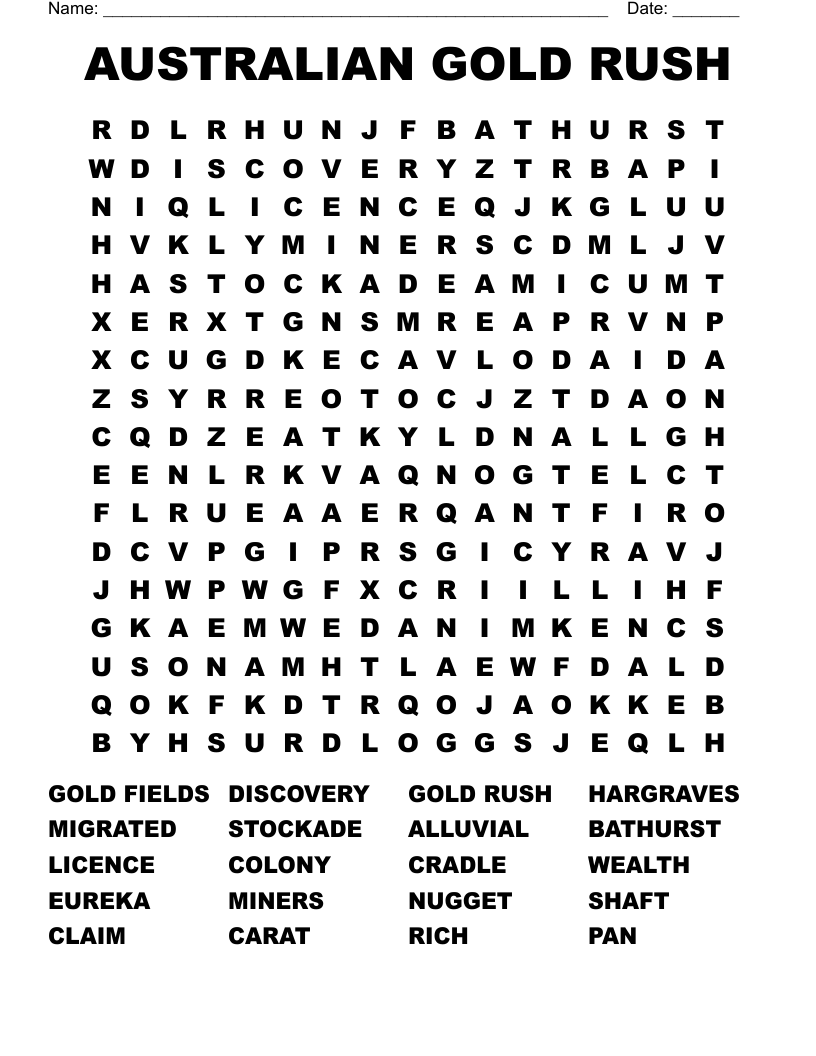 AUSTRALIAN GOLD RUSH Word Search WordMint