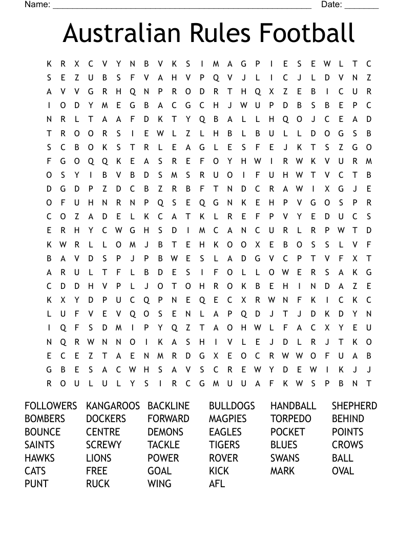 Australian Rules Football Word Search WordMint Australian Rules Football Word Search WordMint