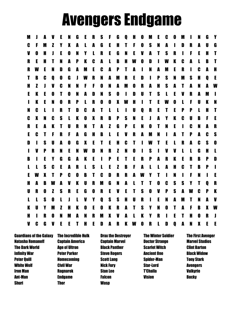 Avengers Endgame Word Search WordMint