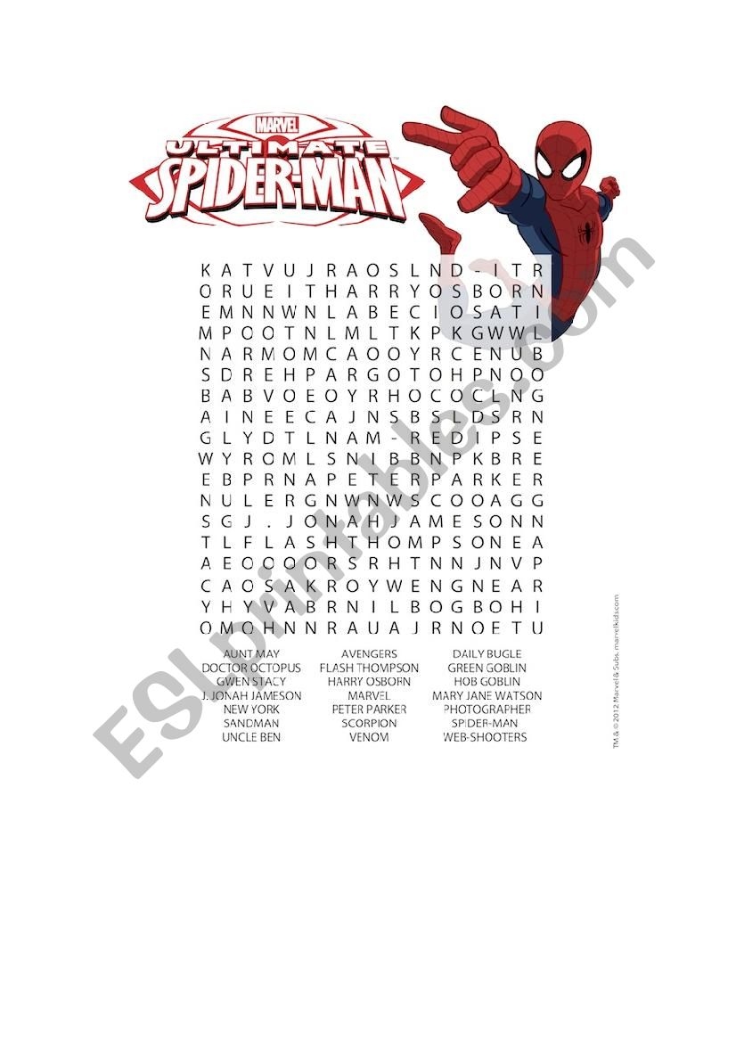 AVENGERu0026SPIDERMAN WORD SEARCH ESL Worksheet By DCcheng