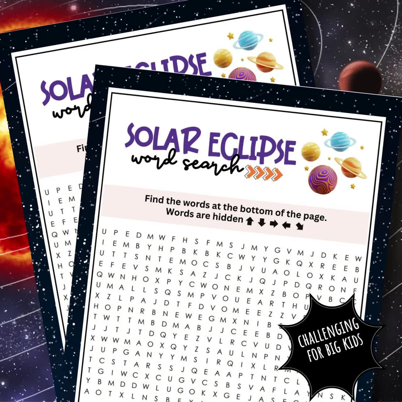 B squeda De Palabras De Eclipse Solar Actividad De Juego PDF Imprimible DIF CIL Para Ni os Mayores Adolescentes Y Adultos Para Celebrar La Astronom a La Ciencia Y La Meteorolog a Etsy M xico