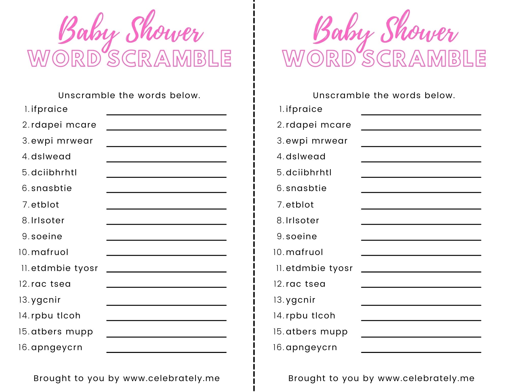 Baby Shower Word Scramble With Answers 4 Free Designs Celebrately Worksheets Library