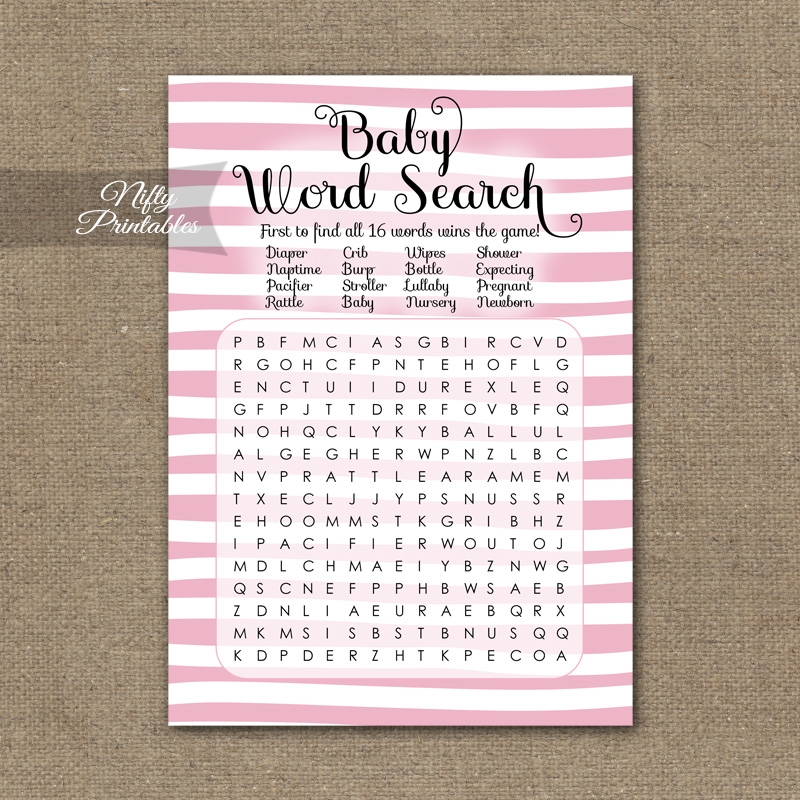 Baby Shower Word Search Game Pink Drawn Stripe Nifty Printables