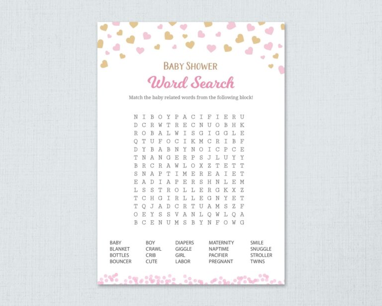 Baby Shower Word Search Game Printable With Answer Key Pink Gold Hearts Confetti Girl Baby Shower Activity Word Puzzle Seek Find B003