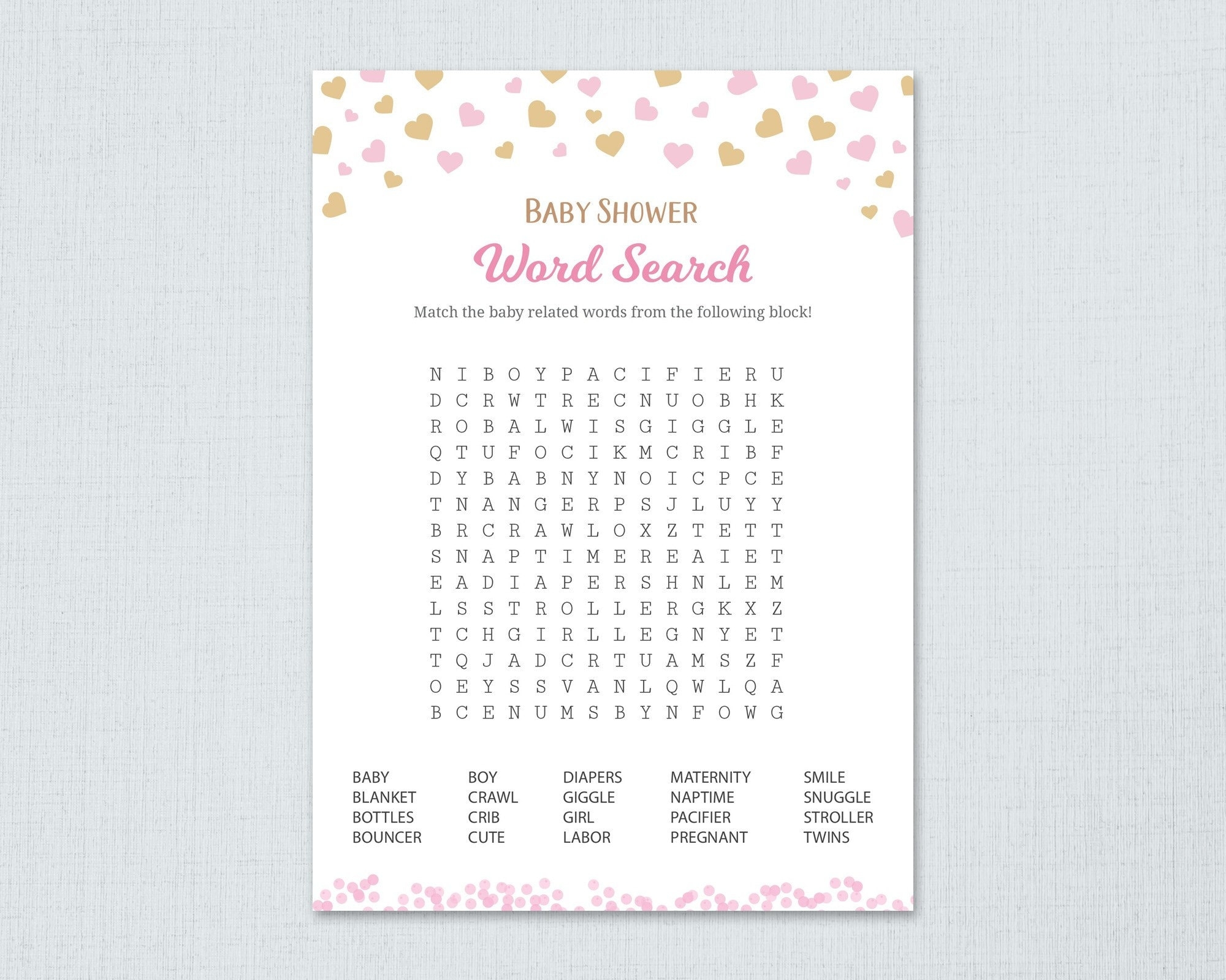 Baby Shower Word Search Game Printable With Answer Key Pink Gold Hearts Confetti Girl Baby Shower Activity Word Puzzle Seek Find B003