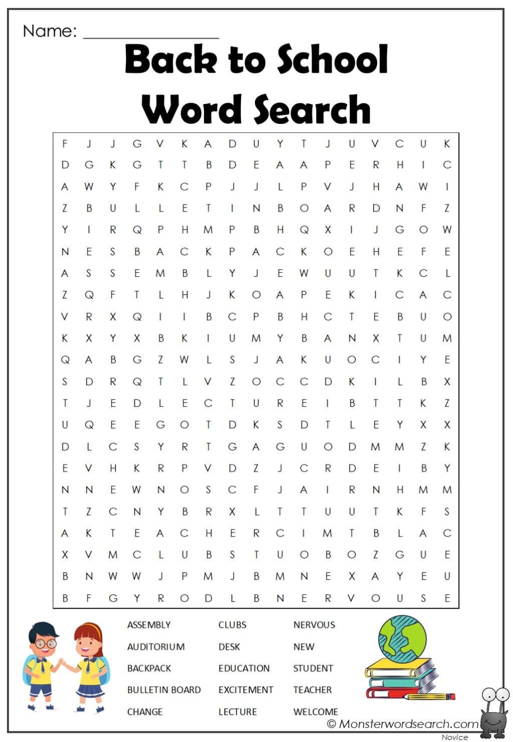Back To School Word Search 2 Monster Word Search
