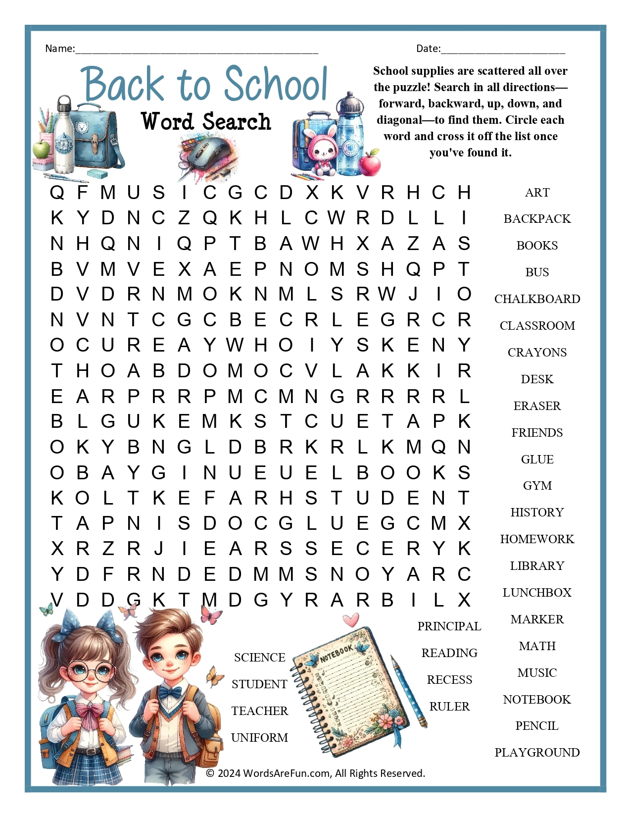 Back To School Word Search