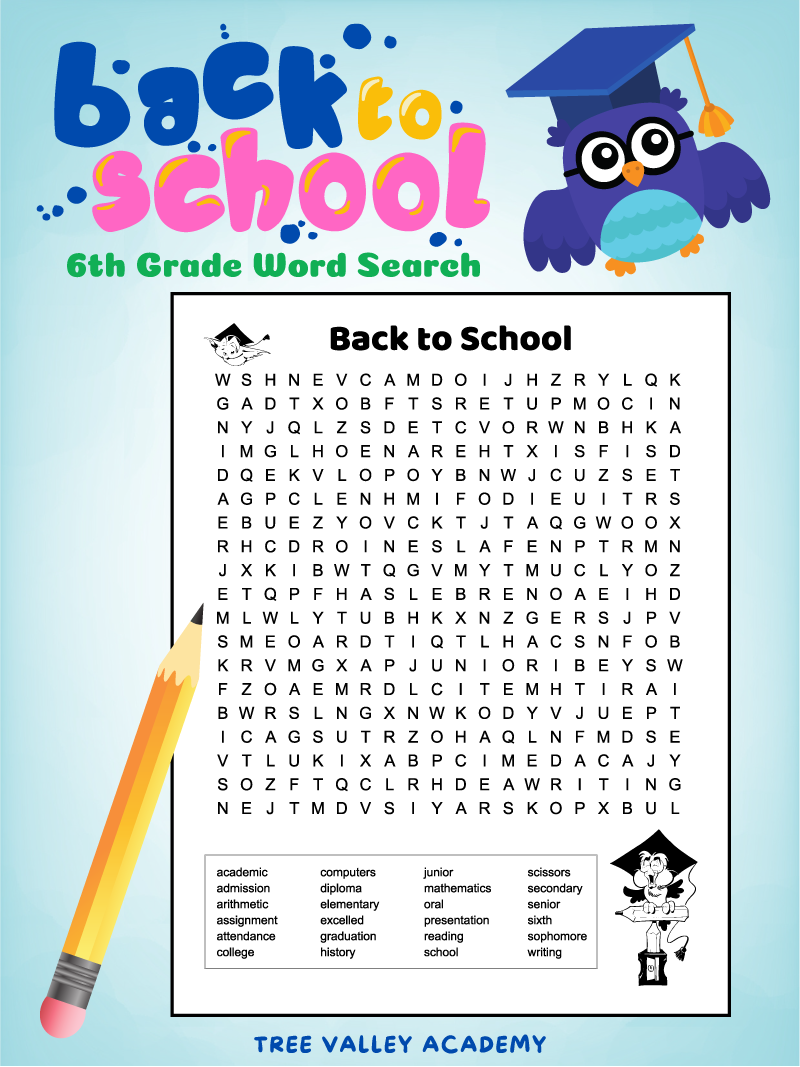 Back To School Word Search For Grade 6 Students