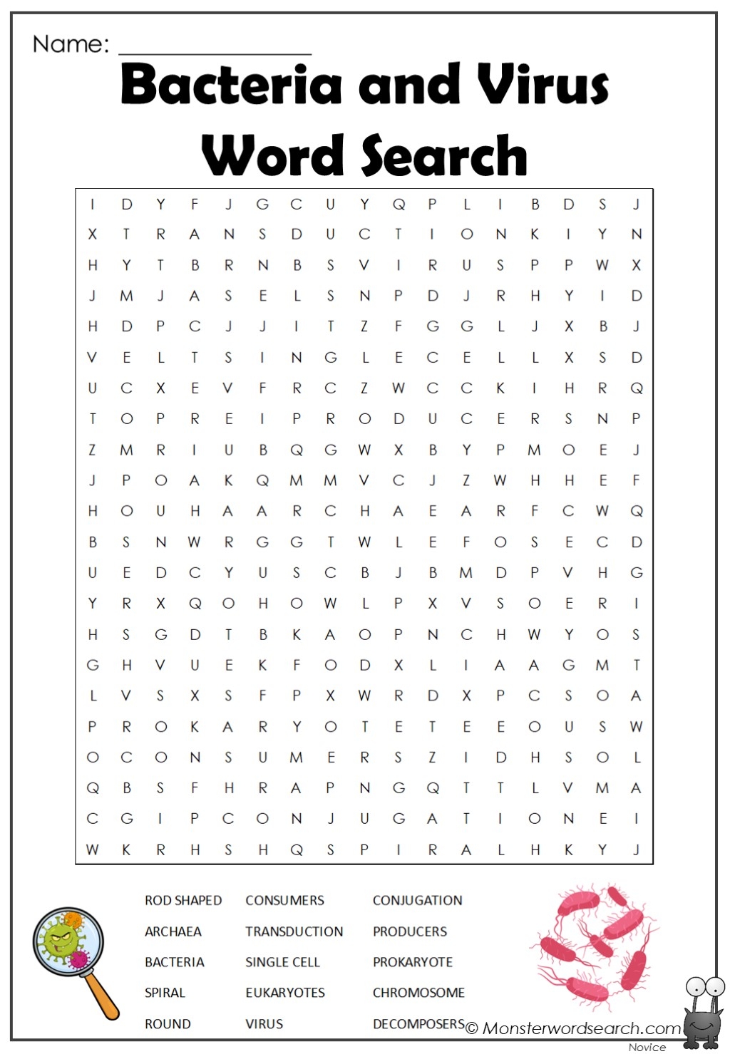 Bacteria And Virus Word Search Monster Word Search