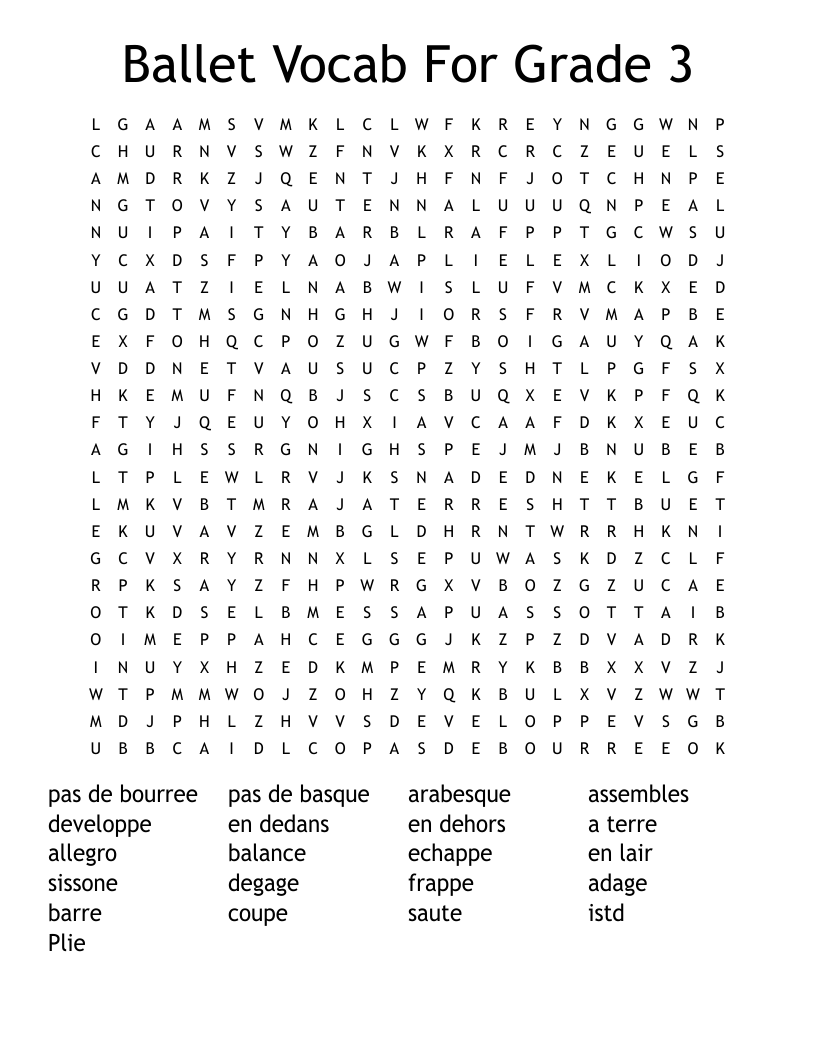 Ballet Vocab For Grade 3 Word Search WordMint