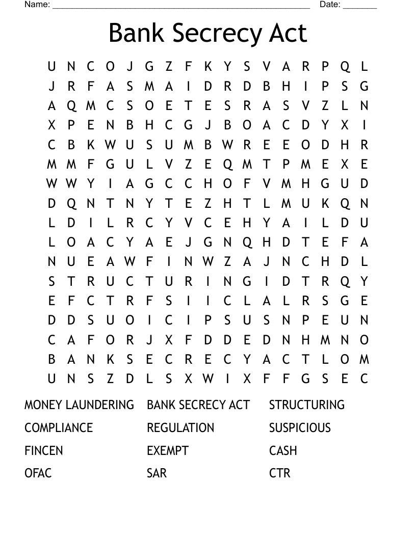 Bank Secrecy Act Word Search WordMint