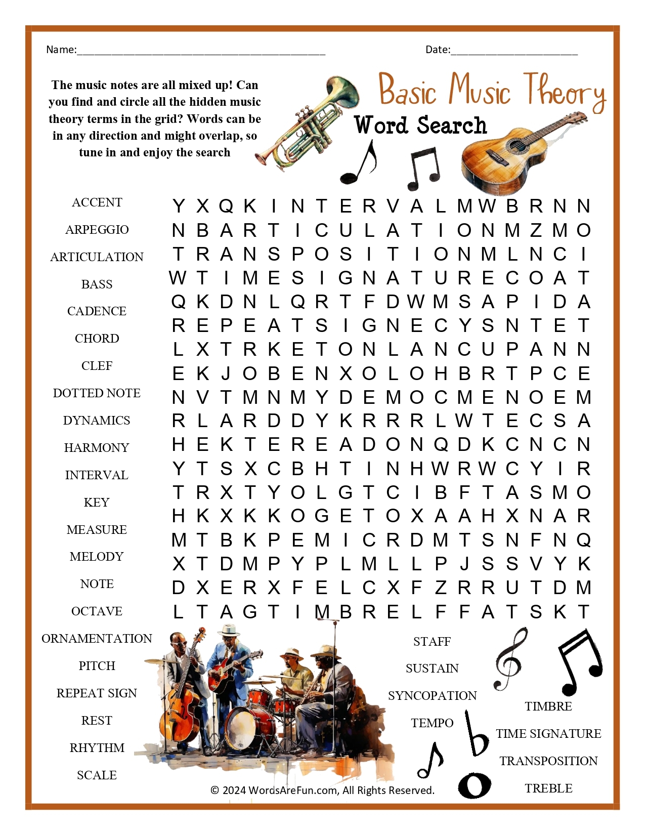 Music Instruments Word Search Printable