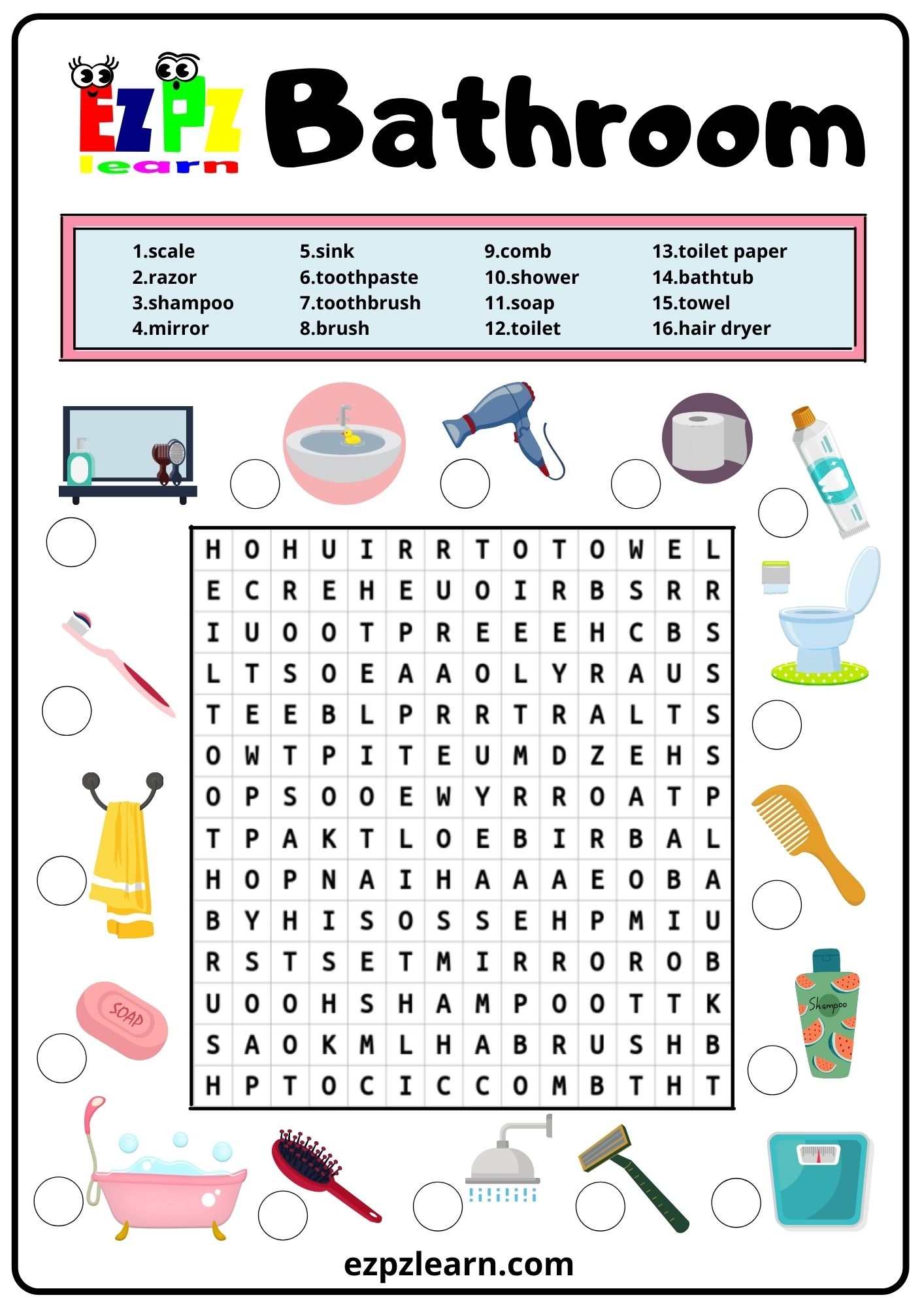 Bathroom Word Search 2 Ezpzlearn